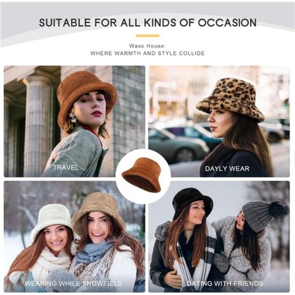 Women\'s Faux Fur Winter Bucket Hat Fluffy Warm Hat Furry Cap, Brown main image 5